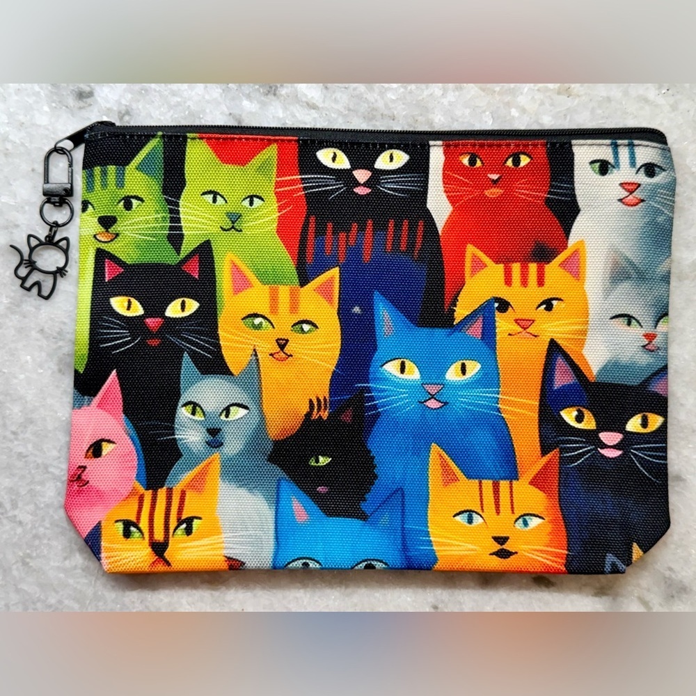 New Colorful Cats Makeup Tech Pencil Zippered Pouch Bag w/ Cat Charm - 9” - Picture 2 of 7